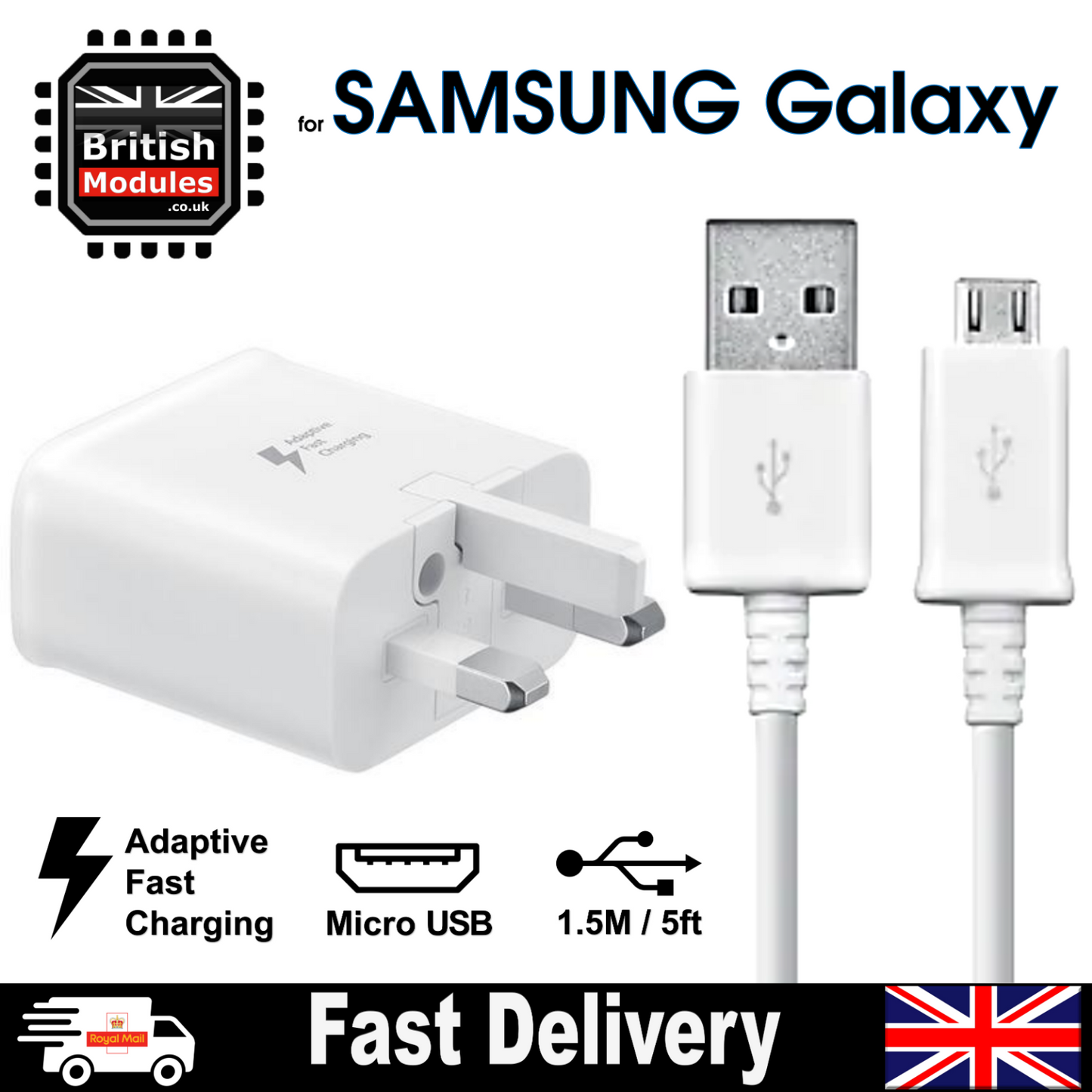 Adaptive Fast Charger 3 Pin UK Plug Mains Adaptor + Charge Data/Sync Micro USB Cable